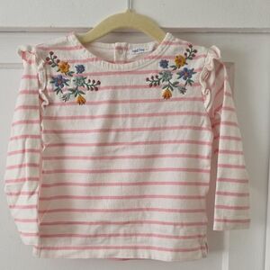 French Organic Cotton Toddler Pink Striped Long Sleeve with Floral Embroidery